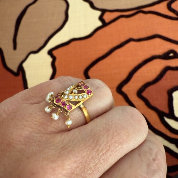 20k Yellow Gold, Spinel and Cultured Pearl Ring, Size 6 - 6.5, 3.36g - Picture 6 of 13